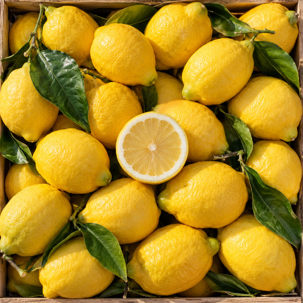 Limoni siciliani gialli con foglie in una cassetta di legno, uno tagliato a metà