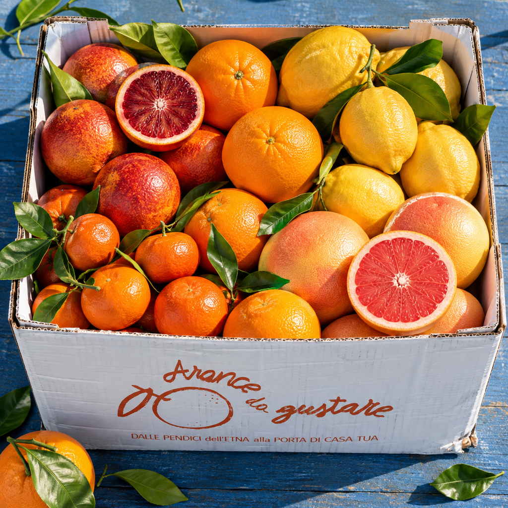 Cassetta mista Arancedagustare con arance rosse, arance, clementine, limoni e pompelmi rosa su un tavolo di legno blu