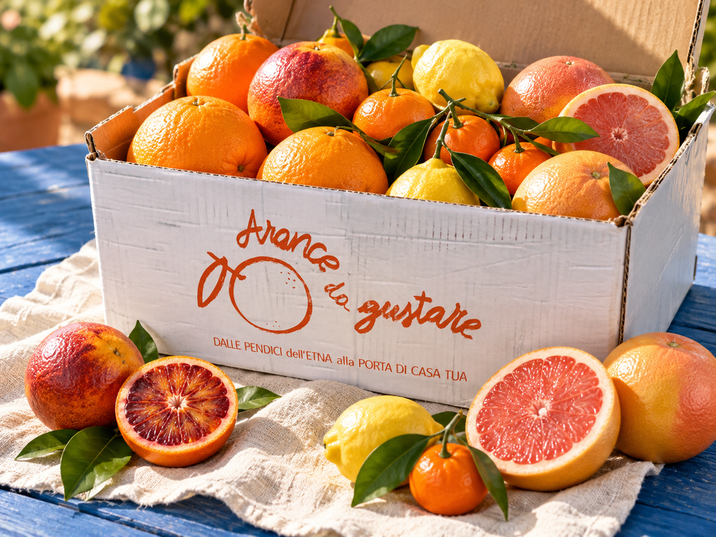 Cassetta mista Arancedagustare aperta con agrumi siciliani, davanti metà di arancia rossa e pompelmo rosa, limone e clementina